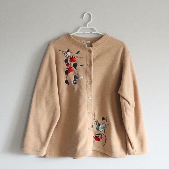 Vntg Classic Editions Sz Lrg Cream Embroidered Bird Buttoned Fleece Cardigan - Picture 1 of 14